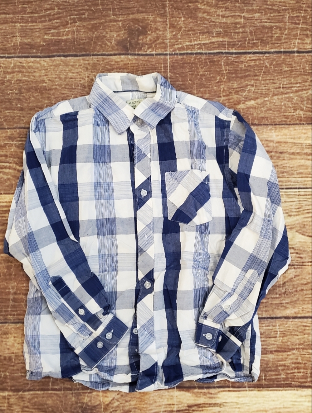 Madison Blue & White Plaid Long-Sleeve Button-Up Shirt sz 12